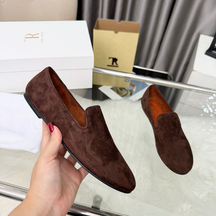 THE ROW 26S CLASSIC LOAFER FLATS IN DARK BROWN SUEDE