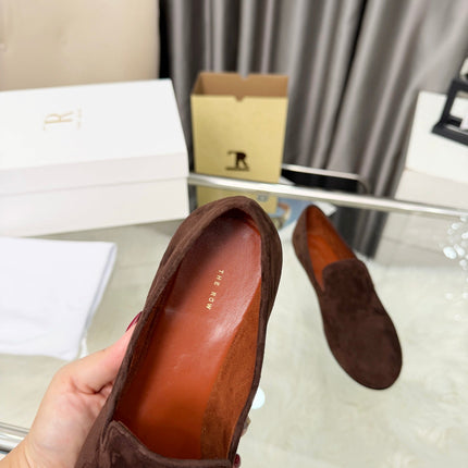 THE ROW 26S CLASSIC LOAFER FLATS IN DARK BROWN SUEDE