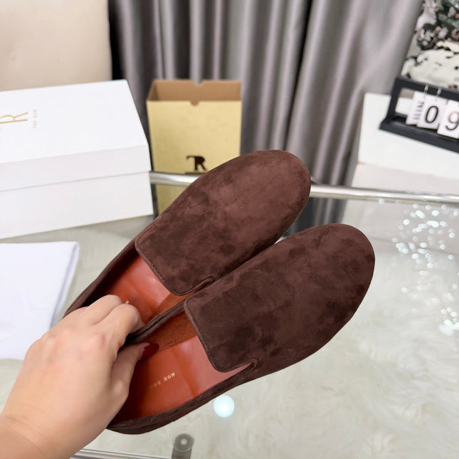 THE ROW 26S CLASSIC LOAFER FLATS IN DARK BROWN SUEDE