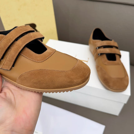 THE ROW 26S DOUBLE STRAP MARY JANE SNEAKERS IN CAMEL BROWN CALFSKIN AND SUEDE