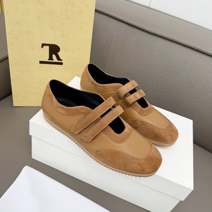 THE ROW 26S DOUBLE STRAP MARY JANE SNEAKERS IN CAMEL BROWN CALFSKIN AND SUEDE