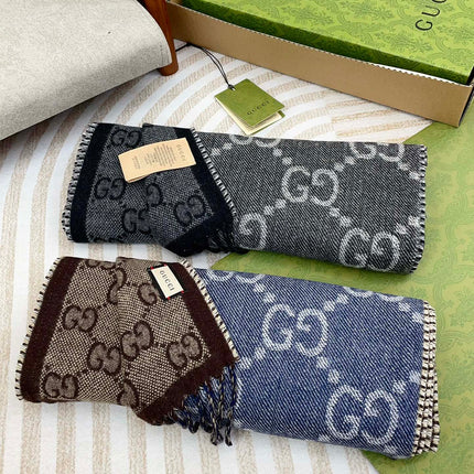 GG JACQUARD WOOL SCARF DENIM BLUE MIX COFFEE BROWN 398286