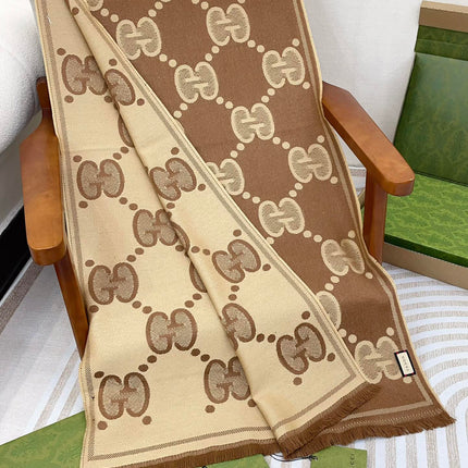 DOUBLE-SIDED SCARF 200 CM IN COFFEE AND TAN BROWN WOOL AND SILK  398287