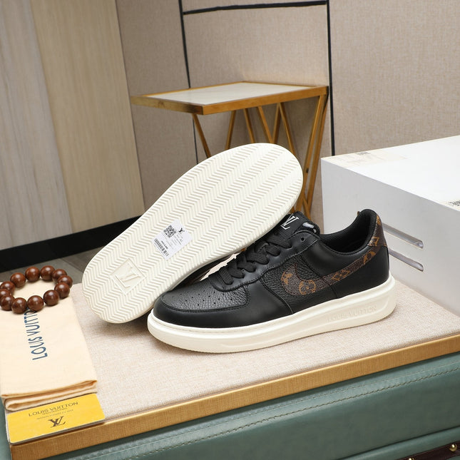 LV AIR FORCE 1 GLOSSY BLACK CALFSKIN WITH BROWN MONOGRAM LOGO