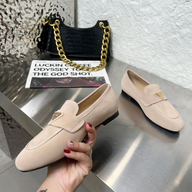 PRADA 26S CLASSIC LOAFERS IN NUDE BEIGE LOGO SUEDE