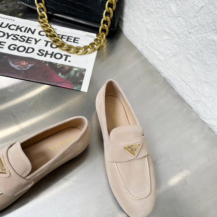 PRADA 26S CLASSIC LOAFERS IN NUDE BEIGE LOGO SUEDE