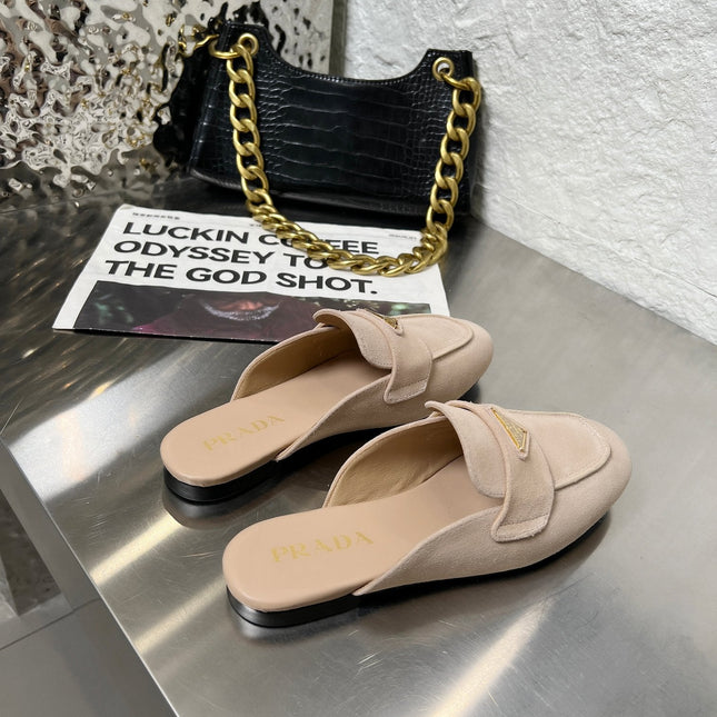 PRADA 26S MULE LOAFERS IN NUDE BEIGE SUEDE WITH LOGO