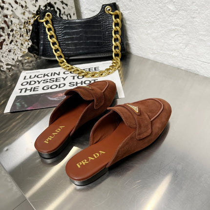 PRADA 26S MULE LOAFERS IN CHOCOLATE BROWN SUEDE WITH LOGO