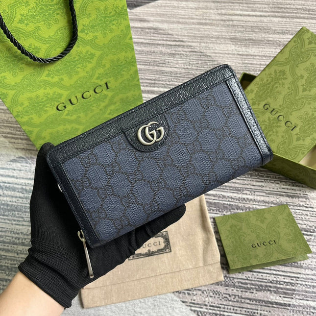 OPHIDIA GG 19 ZIP AROUND WALLET DARK BLUE CANVAS AND BLACK CALFSKIN
