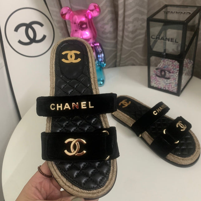 CHANEL 26S SLIDE SANDALS IN BLACK VELVET AND CALFSKIN WITH ROPE SOLE GOLD HARDWARE