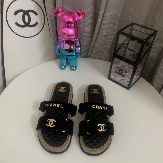 CHANEL 26S SLIDE SANDALS IN BLACK VELVET AND CALFSKIN WITH ROPE SOLE GOLD HARDWARE