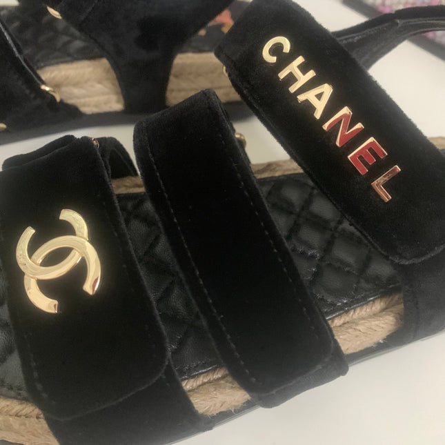 CHANEL 26S STRAPPY SANDALS IN BLACK VELVET WITH ROPE SOLE GOLD HARDWARE