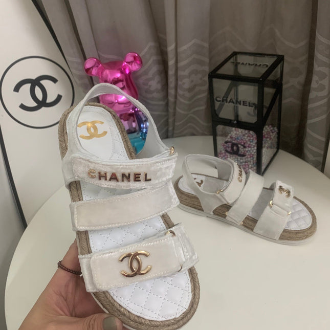 CHANEL 26S STRAPPY SANDALS IN WHITE VELVET WITH ROPE SOLE GOLD HARDWARE