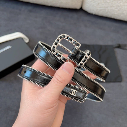 BELT 20MM IN BLACK CALFSKIN WITH INTERWOVEN CHAIN BUCKLE ZIPPER IN TRIM