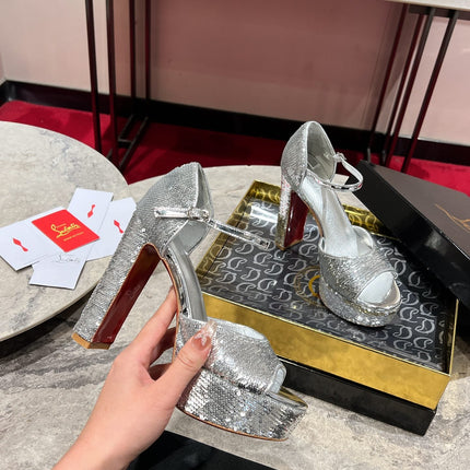 GLITTER SANDALOO PLATFORM SANDALS 130MM IN SILVER-TONE CALFSKIN
