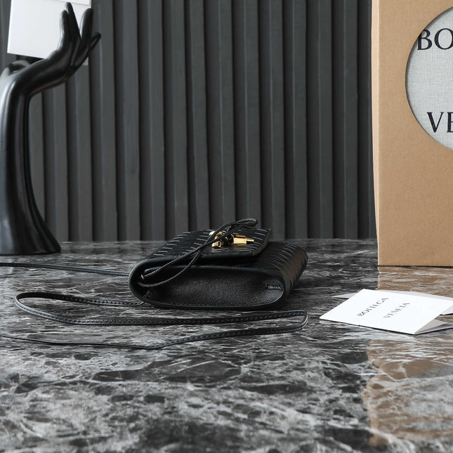 BOTTEGA VENETA 25S ANDIAMO POUCH 19 IN BLACK CALFSKIN GOLD HARDWARE