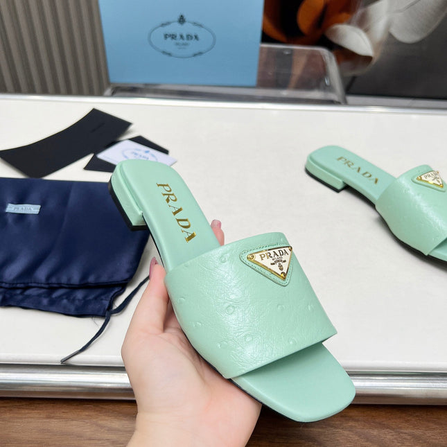 PRA SAFFIANO PATENT SLIDES OSTRICH MOTIF SEAFOAM CALFSKIN
