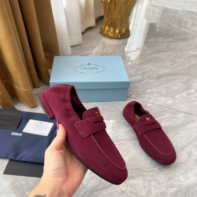 PRADA 25S LOAFERS IN DARK RED SUEDE
