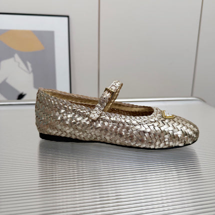 PRADA 26S MARY JANE FLATS IN GOLD WOVEN CALFSKIN