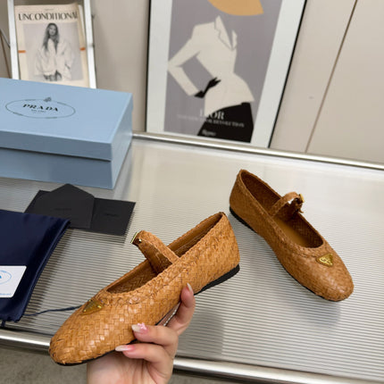 PRADA 26S MARY JANE FLATS IN TAN BROWN WOVEN CALFSKIN