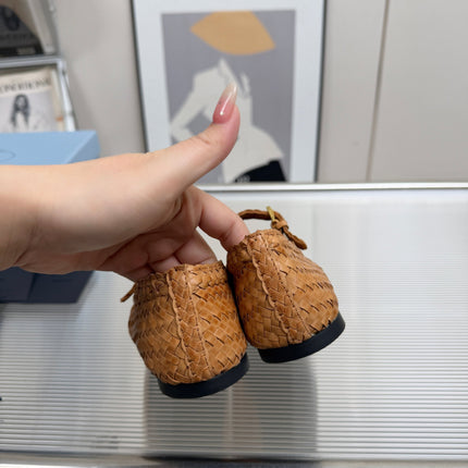 PRADA 26S MARY JANE FLATS IN TAN BROWN WOVEN CALFSKIN