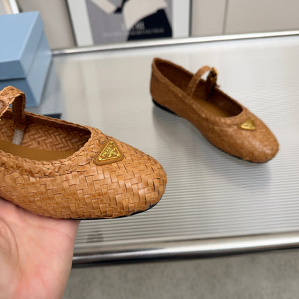 PRADA 26S MARY JANE FLATS IN TAN BROWN WOVEN CALFSKIN