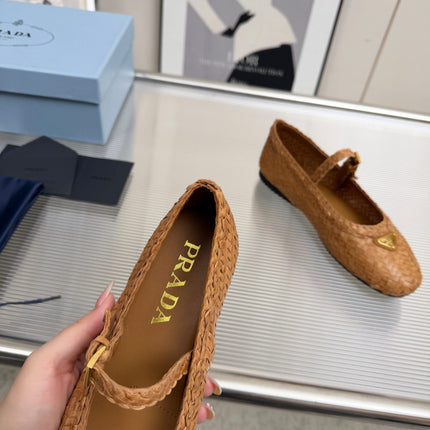 PRADA 26S MARY JANE FLATS IN TAN BROWN WOVEN CALFSKIN