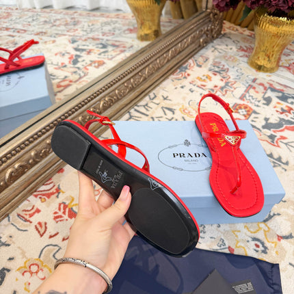 PRADA 26S THONG SANDALS IN RED CALFSKIN TRIANGLE LOGO