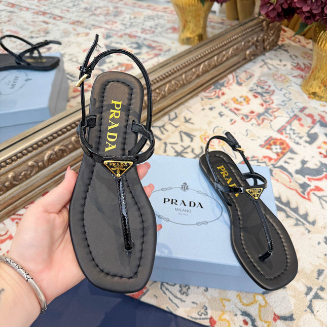 PRADA 26S THONG SANDALS IN BLACK CALFSKIN TRIANGLE LOGO
