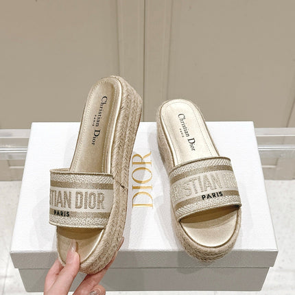 DWAY WEDGE SLIDES 45MM IN WARM GREIGE FABRIC RAFFIA SOLE