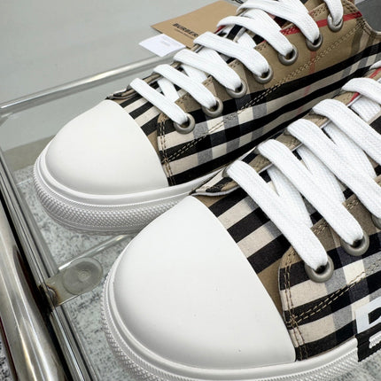 BURBERRY 26S LOGO CHECK LOW TOP SNEAKERS IN ARCHIVE BEIGE CANVAS