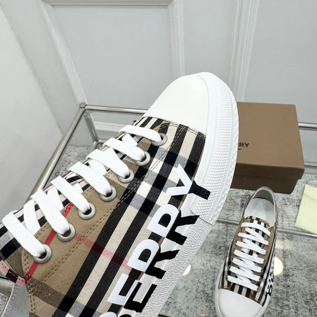BURBERRY 26S LOGO CHECK LOW TOP SNEAKERS IN ARCHIVE BEIGE CANVAS