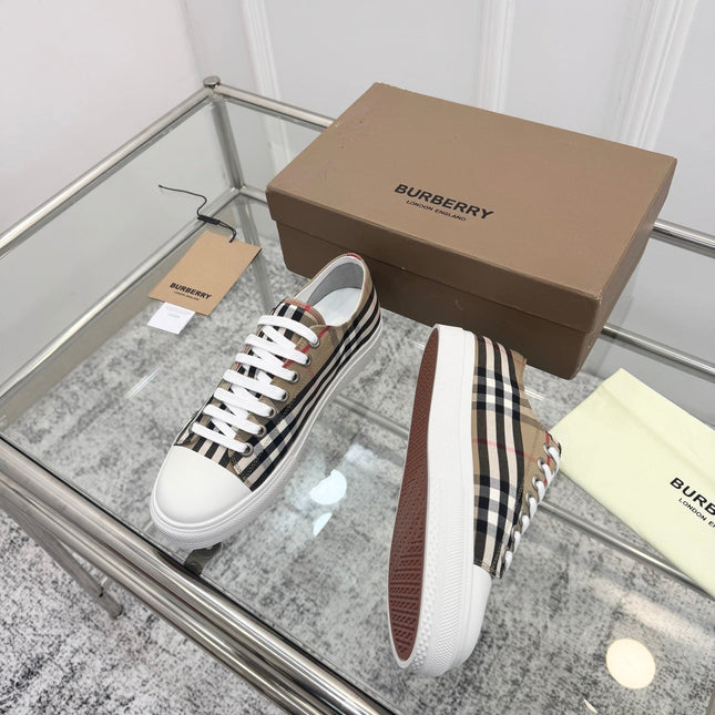 BURBERRY 26S LOGO CHECK LOW TOP SNEAKERS IN ARCHIVE BEIGE CANVAS