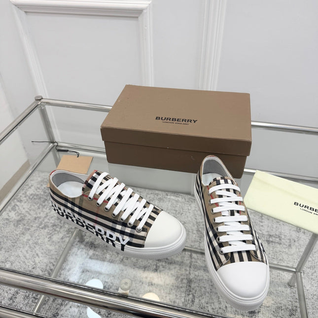 BURBERRY 26S LOGO CHECK LOW TOP SNEAKERS IN ARCHIVE BEIGE CANVAS