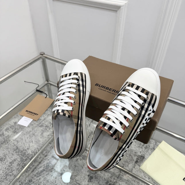 BURBERRY 26S LOGO CHECK LOW TOP SNEAKERS IN ARCHIVE BEIGE CANVAS