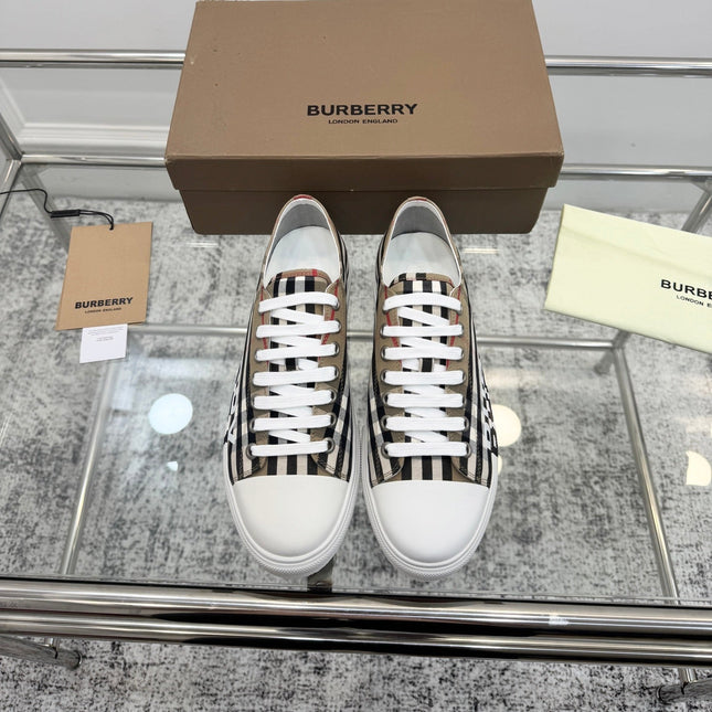 BURBERRY 26S LOGO CHECK LOW TOP SNEAKERS IN ARCHIVE BEIGE CANVAS