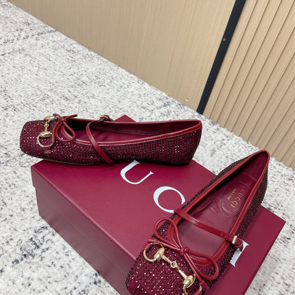 GUCCI 26S BALLET FLATS IN RED WITH CRYSTALS