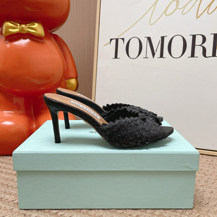 AQUAZZURA 26S HEELED MULES 80 MM IN BLACK WOVEN RAFFIA