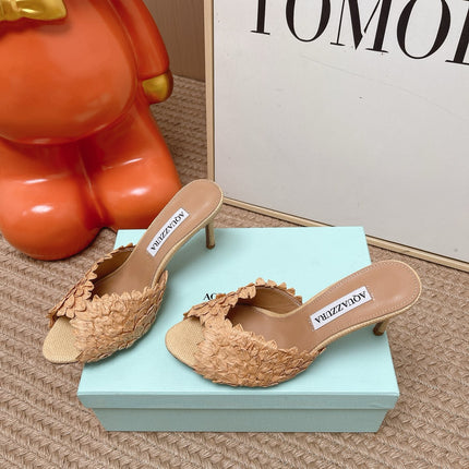 AQUAZZURA 26S HEELED MULES 80 MM IN BEIGE WOVEN RAFFIA