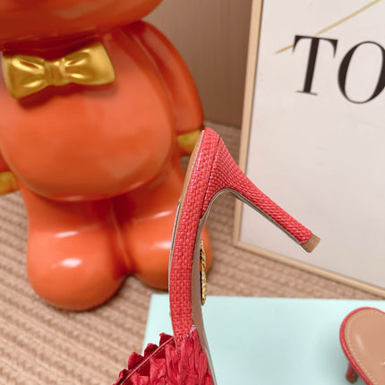 AQUAZZURA 26S HEELED MULES 80 MM IN RED WOVEN RAFFIA