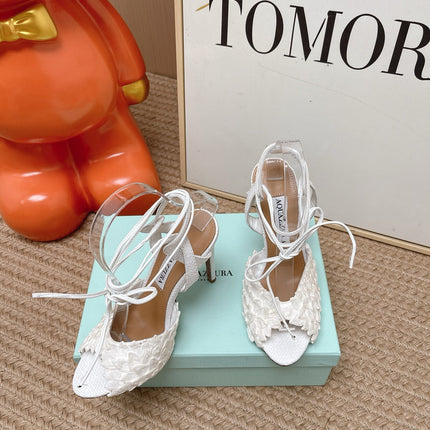 AQUAZZURA 26S LACE-UP HIGH HEEL SANDALS IN WHITE WOVEN RAFFIA