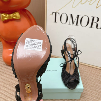 AQUAZZURA 26S LACE-UP HIGH HEEL SANDALS IN BLACK WOVEN RAFFIA