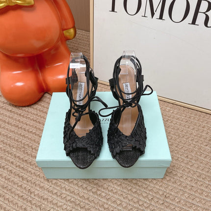 AQUAZZURA 26S LACE-UP HIGH HEEL SANDALS IN BLACK WOVEN RAFFIA