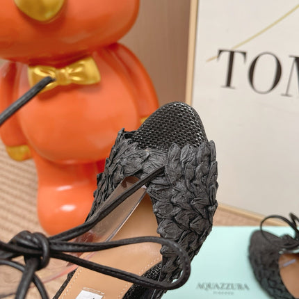 AQUAZZURA 26S LACE-UP HIGH HEEL SANDALS IN BLACK WOVEN RAFFIA