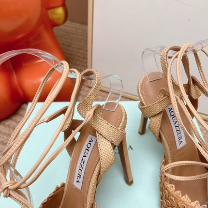 AQUAZZURA 26S LACE-UP HIGH HEEL SANDALS IN BEIGE WOVEN RAFFIA