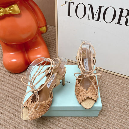 AQUAZZURA 26S LACE-UP HIGH HEEL SANDALS IN BEIGE WOVEN RAFFIA