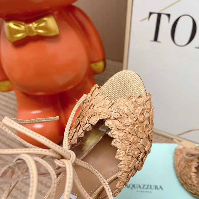 AQUAZZURA 26S LACE-UP HIGH HEEL SANDALS IN BEIGE WOVEN RAFFIA