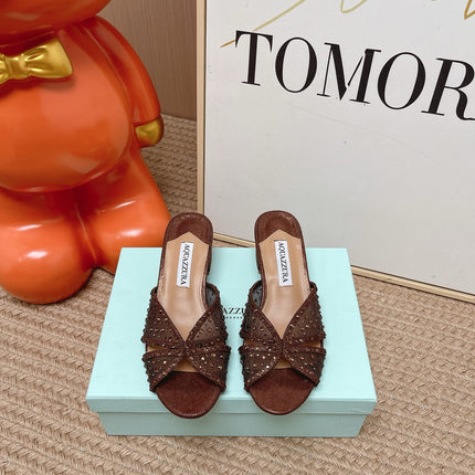 AQUAZZURA 26S LOVER HEELED MULES IN DARK BROWN LAMBSKIN AND MESH