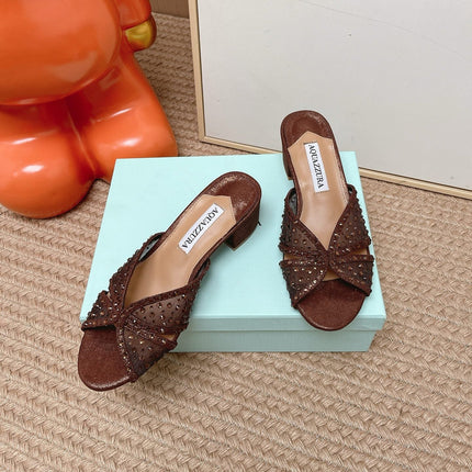AQUAZZURA 26S LOVER HEELED MULES IN DARK BROWN LAMBSKIN AND MESH