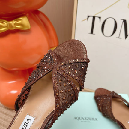 AQUAZZURA 26S LOVER HEELED MULES IN DARK BROWN LAMBSKIN AND MESH